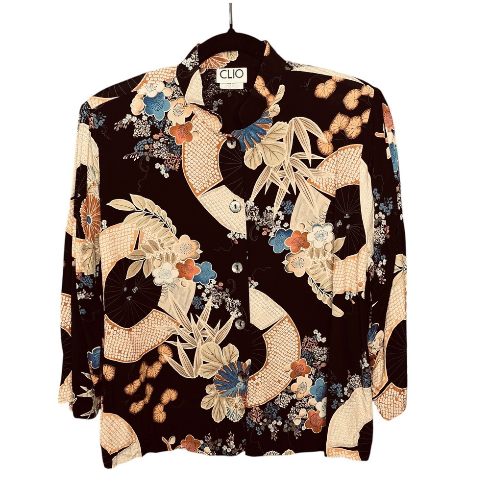 Clio Vintage Womens 90s Floral Japanese Fan Button Up Shirt Large Asian Boho USA
